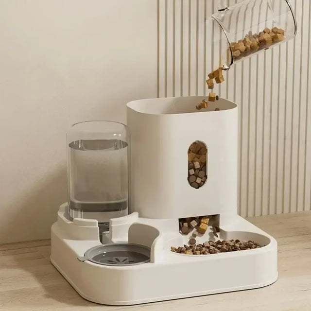 Pet Food Dispenser Container, Automatic Feeder Dog Cat with Water Fountain, Large Capacity Storage Bowl